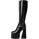 LanreyTaley Elastic Knee High Platform Boots for Women Chunky Block High Heel Go-Go Boot Square Side Zipper Stretch Boot