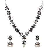 Efulgenz Oxidized Indian Jewelry Necklace Sets Indian Oxidized Jewelry Oxidized Choker Necklace Earrings Set Antique Boho Rose Necklace Faux Pearl Drop Jhumka Dangle Earrings Bohemian Statement Jewelry Set for Women
