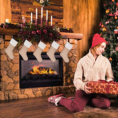 Sunshane 5 Pieces Burlap Christmas Stockings Xmas Fireplace Hanging Stockings Decoration Stockings for Christmas Decoration DIY Craft, Flaxen - Thumbnail 2