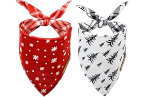 CROWNED BEAUTY Christmas Dog Bandanas Small 2 Pack, Pinetrees Set, Adjustable Triangle Holiday Plaid Reversible Scarves for Small Dogs Pets DB03-S