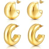 2 Pairs Non Tarnish Chunky Gold Hoops Earrings for Women Water Proof, Thick 18K Real Golds Plated Circle Open Hoop, Lightweight Hollow Earrings for Women Trendy, Gold Jewelry Valentine's Day Gift