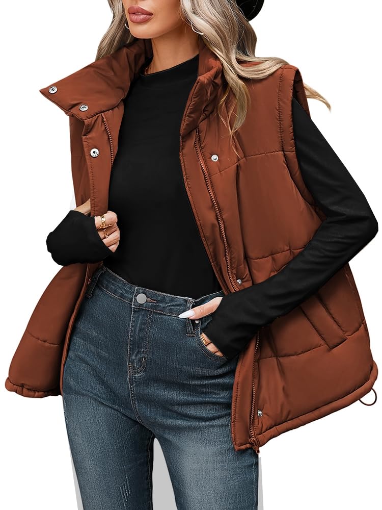 Photo 1 of Pink Queen Women's Fall Puffer Vest Vacation Sleeveless Casual Loose Winter Warm Lightweight Stand Collar Down Jacket Coats with Pockets Chestnut L