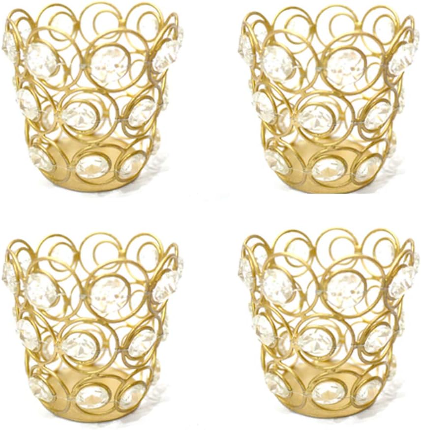 1800Handicrafts Votive Candle Holders Crystal Tealight Pillar Sconce Tabletop Taper Stand Home Gem Gold Decorative Metal Wedding Centerpiece Memorial Décor (Set of 4)