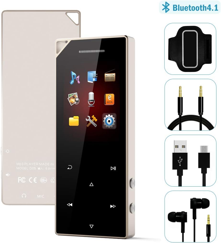 HonTaseng MP3 Player Bluetooth 4.2 Music Player HiFi Sound Metal Material Touch Button Build-in Speaker with FM Radio and Voice Recorder, Support 64GB Mirco SD Card Gold