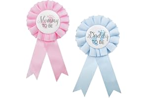 YUNTOP 2 Pieces Daddy and Mommy To Be Tinplate Badge Pin, Celebration Gender Reveal Party Favor New Dad Mom Gifts Rosette Buttons with Ribbon Baby Shower Decorations (Pink + Blue)