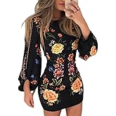 Ninimour Women's Floral Print Bodycon Dress Lantern Long Sleeve Round Neck Waist Cutout Guest Cocktail Midi Dresses
