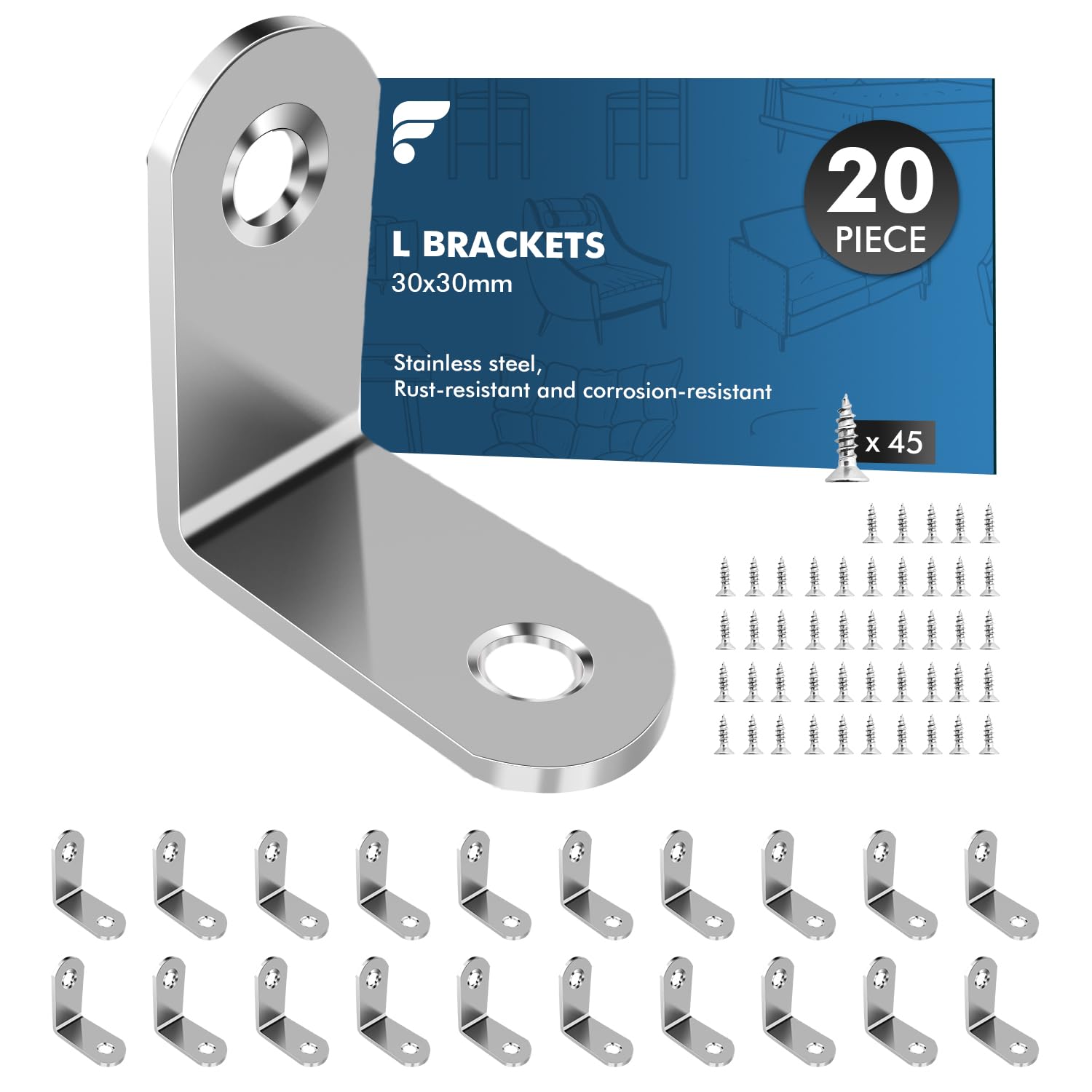 shinfly Angle Brackets 20 Pcs, L Brackets for Wood with 45 Pcs Screws, 30 x 30mm Corner Metal for Wood for Furniture Shelves Chair Table Window