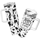 34HD Cow Print Tumbler 40oz with Handle and Straw, Just A Girl Who Loves Cows Vacuum Insulated Travel Coffee Mug, Heifer Gifts for Girls & Women on Birthday and Mother's Day