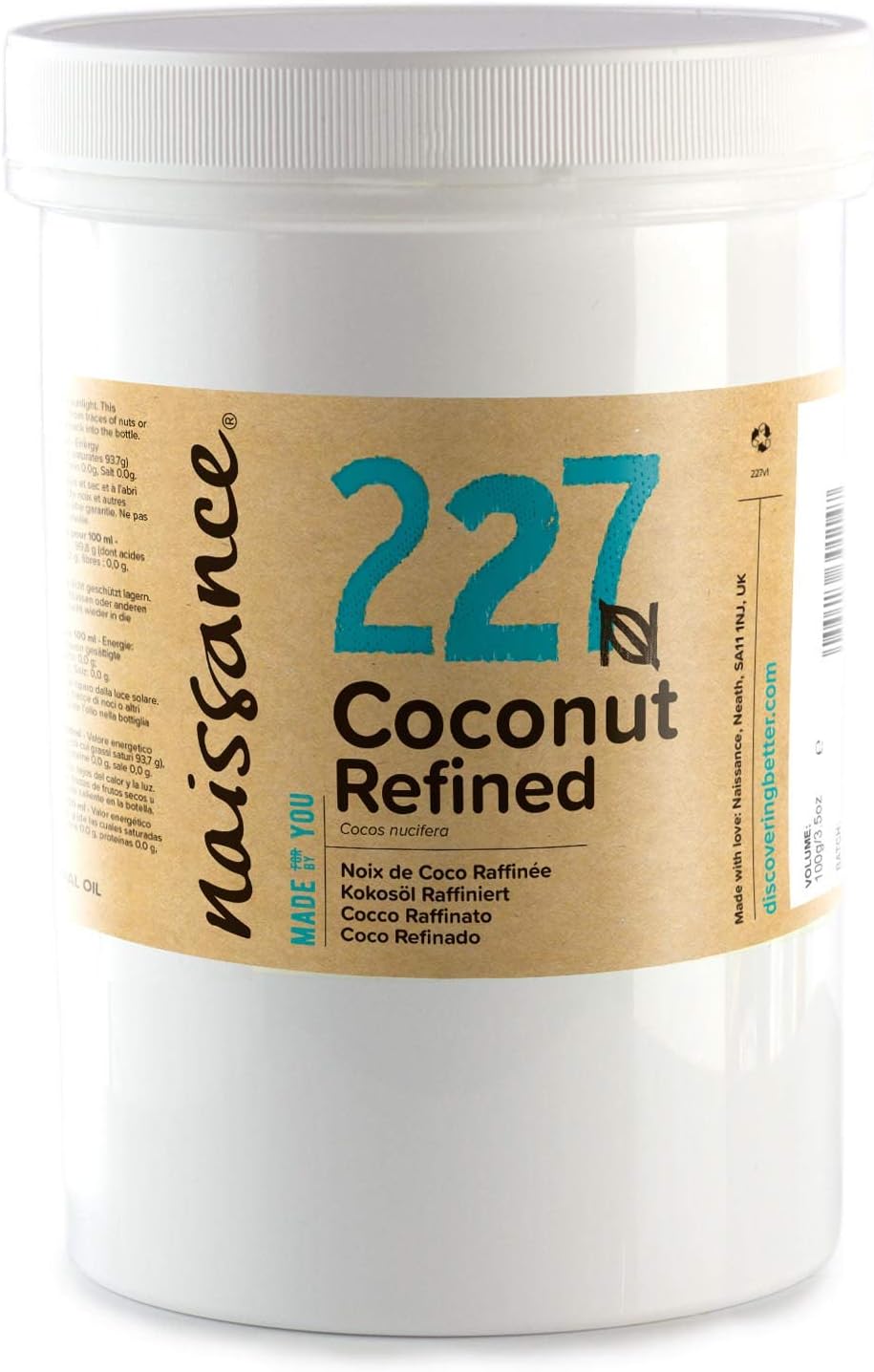 Naissance Refined Coconut (Solid) Oil (#227) 500g - Pure, Natural, Cruelty Free, Vegan - Moisturising & Hydrating - Ideal for Aromatherapy, Skincare, Haircare and DIY Beauty Recipes