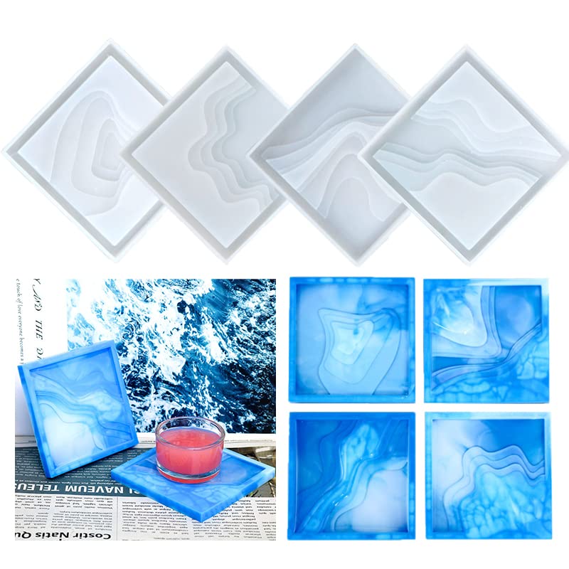 Voyyphixa 4pcs Ocean Coaster Molds Square Coasters Resin Mold Coaster Molds for Resin Casting Kit Mold Coasters Silicone Resin Sea Cup Mat Epoxy Resin Molds (Island Coaster molds)