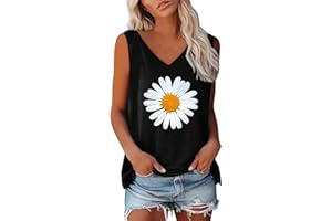 Mzkdieey Women's Summer Cute Daisy Print Tank Tops Casual Sleeveless V Neck T-Shirt Loose Fit Tunic Vest Plant Pattern Shirts