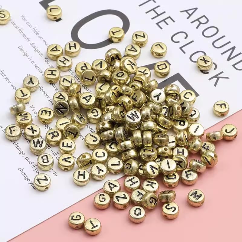 HERZWILD 1000 pcs Gold Flat Round Acrylic Letter Beads for Threading Loose Letters Bead 7mm Disc Coin Alphabet A-Z Beads for Bracelets Jewellery Crafts (Black Gold)