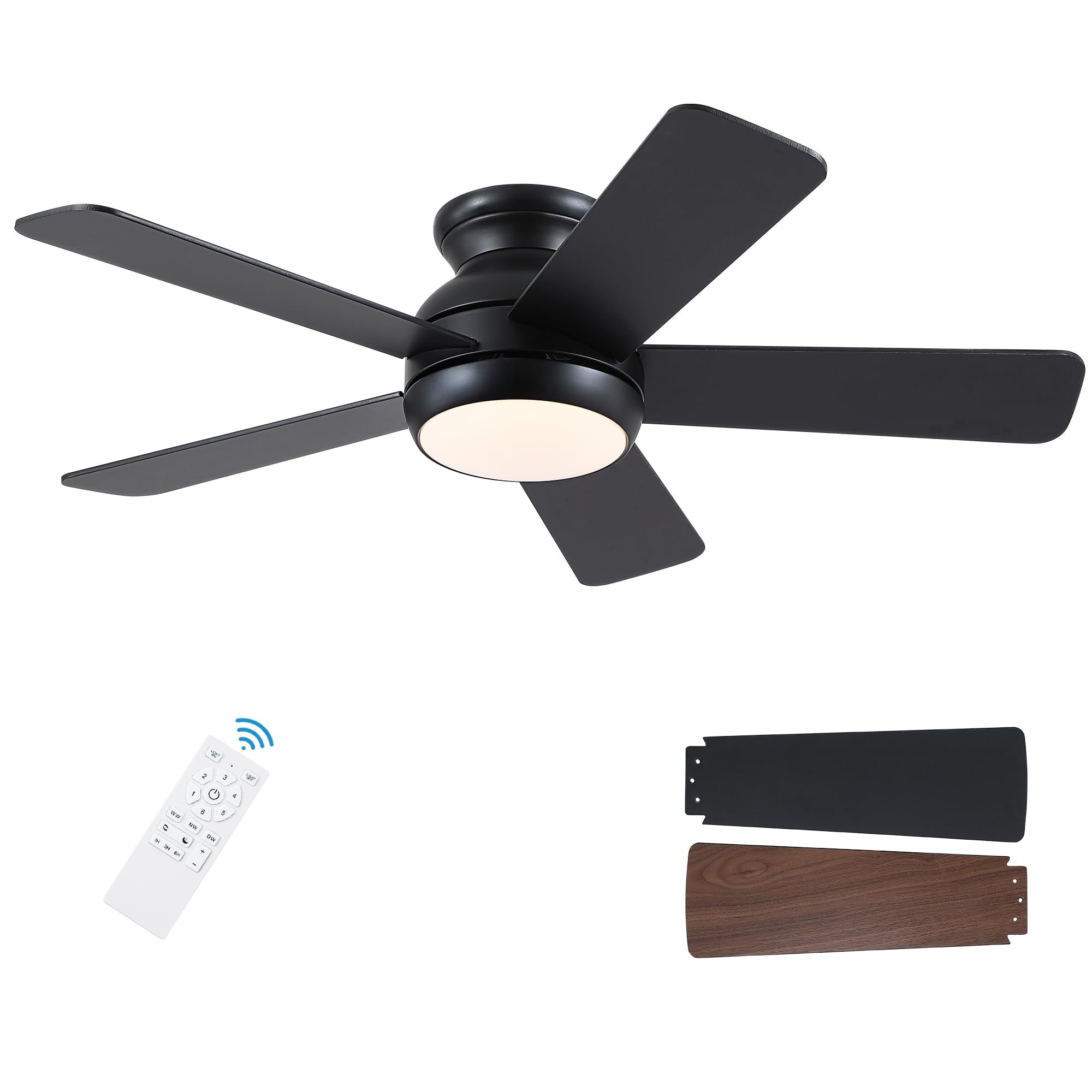 Photo 1 of POCHFAN 42 Inch Black Ceiling Fans with Lights and Remote, LED Low Profile Flush Mount Ceiling Fan for Bedroom, Living Room, Patio, Quiet DC Motor, 5 Blades