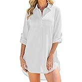 Swimsuit Coverups for Women, V Neck Bathing Suits Cover Ups for Women, 3/4 Sleeve Bikini Cover Up Beach Dress(White, X-Large)