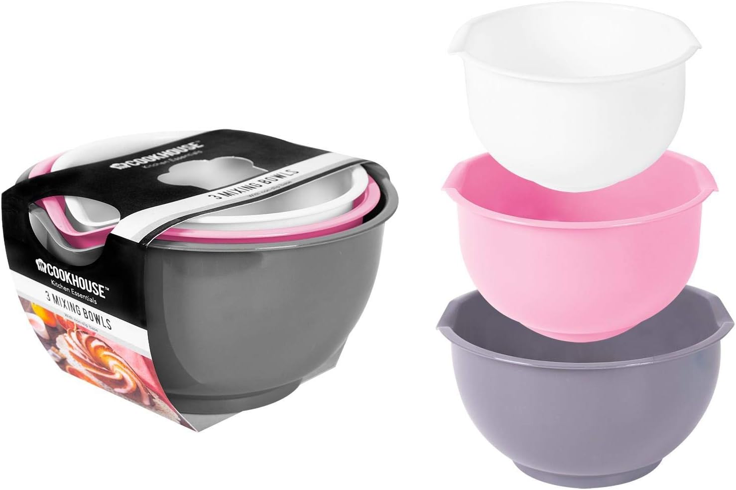 3 Piece Mixing Bowl Set Non-Slip Baking Cooking Food Preparation 3 Sizes Pack Pink Grey White, Pink, Grey, White, Medium, Small, Large