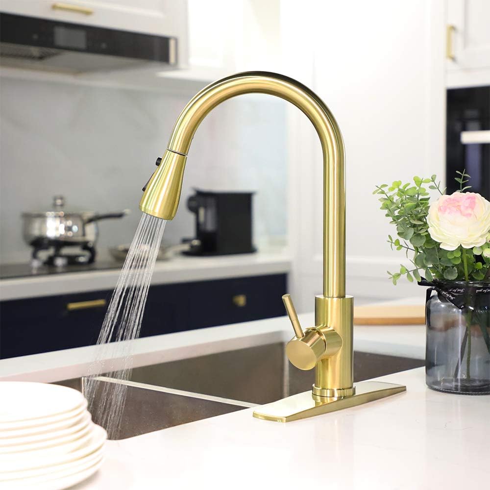 FORIOUS Kitchen Faucet with Pull Down Sprayer Brushed Nickel, High Arc Single Handle Kitchen Sink Faucet with Deck Plate, Commercial Modern rv Stainless Steel Kitchen Faucets, Grifos De Cocina - - 