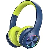 Candy Bila Kids Bluetooth 6.0 Headphones with LED Light, 85Hours Playtimes, Type-C Fast Charging, 85/94dB Volume Limited, Wireless Headphones with Built-in Mic, Wired & TF Card Mode, Blue and Green