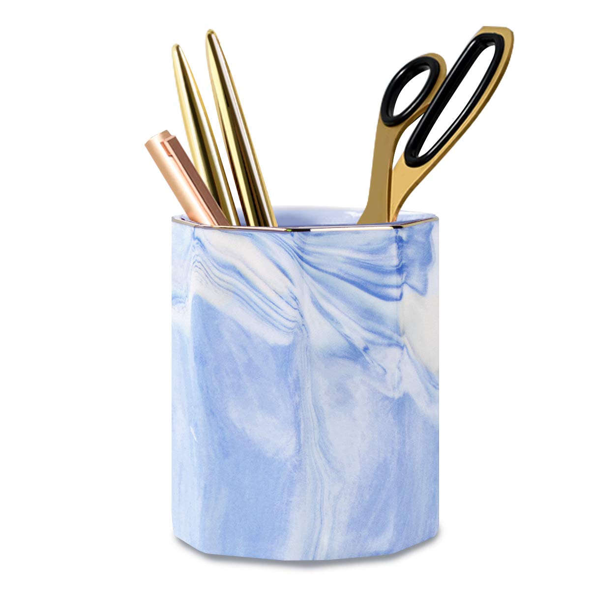 WAVEYU Pencil Holder Cup, Pen Organizer Stand for Desk Cute Marble Pattern Pen Cup Durable Ceramic Desk Organizers Makeup Brush Holder Cup for Office, Classroom, Home, Blue Marble — image 1