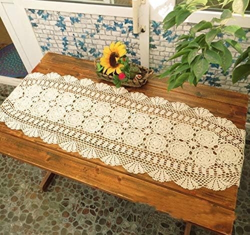 Eiyye 16x79 inch Long Table Runner Handmade Crochet Lace Toppers Tablecloth (Beige)