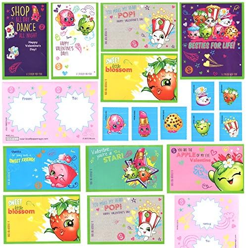 Shopkins 32 Valentines and 32 Stickers | Valentines Day Classroom Exchange Gift | Kids DIY DayCare Homeschool Sunday School Art Supplies Projects Activities Parties, Decor | 8 Super Sweet Designs