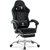 Morkprism Gaming Chair Breathable Fabric,Computer Office Chair with Footrest,Massage Lumbar Support and Gel Pad,Ergonomic Reclining Adjustable Gamer Chair with Headrest and Spring Cushion Black Green