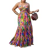 Yuopeid Womens Elegant Spaghetti Strap V Neck Cut Out High Waist Sleeveless Long Dresses Fashion Print Club Beach Party Dress