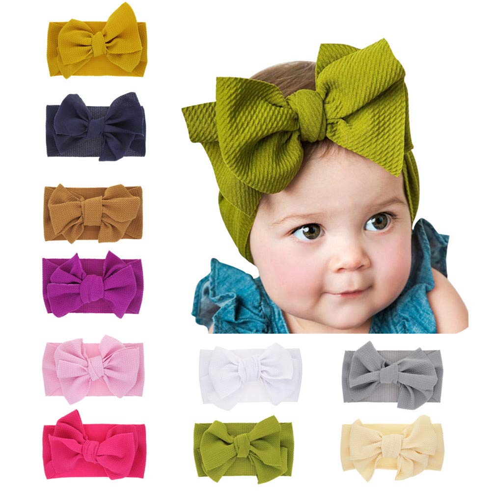 TSWRK Pack of 10 Baby Girl Headbands,Cute Flower Bow Knotted Hairwraps Newborn Infant Toddler Hairbands Soft Nylon Turban Knot(Bows)
