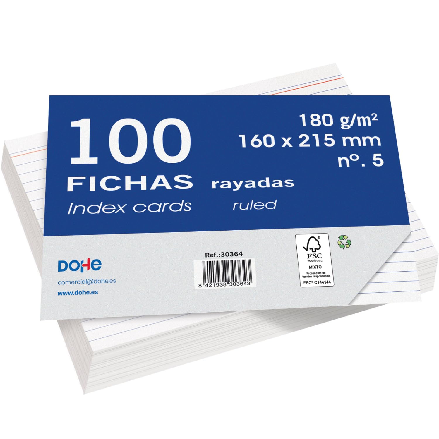 Dohe - Ruled Cardstock Sheets (100 pcs.) - Cards for Writing Notes, Size A5 (21.5 x 16 cm), 180 g/m², No. 5, Office Supplies - FSC Mix AEN-COC-000243 - White