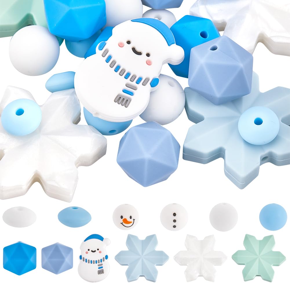 SUNNYCLUE 42Pcs Christmas Silicone Beads Winter Keychain Beads Snowflake Colorful Round Hexagon Snowman Pen Bead Crafts Loose Spacer Bead for Christmas Tree Pen Keychain jewellery Making DIY Crafts