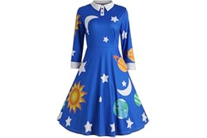 HXHYQKP Halloween Vintage Peter Pan Dress for Girls Party Dresses Sun Moon Star Print Long Sleeve Flare Turn-Down Collar