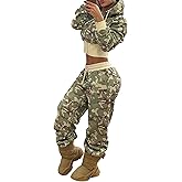 LETSVDO Women's 2 Piece Outfits Sweatsuit Camo Zip Up Crop Hoodie Sweatshirt Y2k Wide Leg Camouflage Sweatpants Set