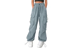 Girls Parachute Cargo Pants High Waisted Baggy Casual Y2K Trouser Kids Wide Leg Hip Hop Streetwear with Multi Pocket