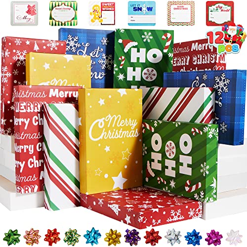 JOYIN 12 Pcs Christmas Shirt Gift Boxes with Pull Bows and Tag, 6 Designs Xmas Clothing Gift Box, Holiday Shirt Boxes for Gifts Wrapping, present Wrap Boxes