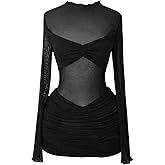 MakeMeChic Women's Mesh Sheer Cocktail Dress Y2K Long Sleeve Mock Neck Bodycon Club Mini Dresses Concert Outfits