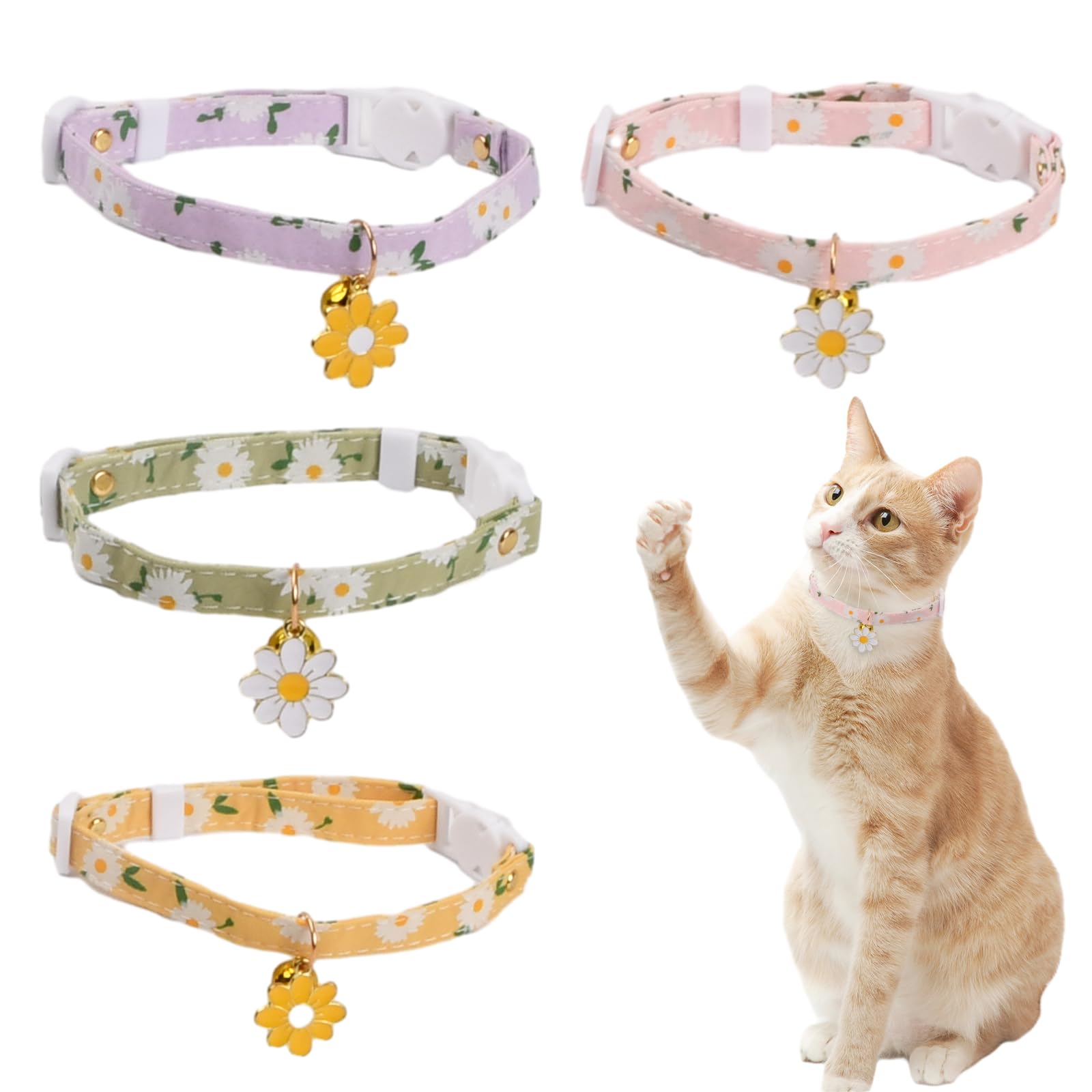 4 Pack Cat Collar with Bell, Adjustable Kitten Collar Cute Daisy Style Cat Collar with Quick Release Buckle, Breakaway Kitten Collar, 18-30cm
