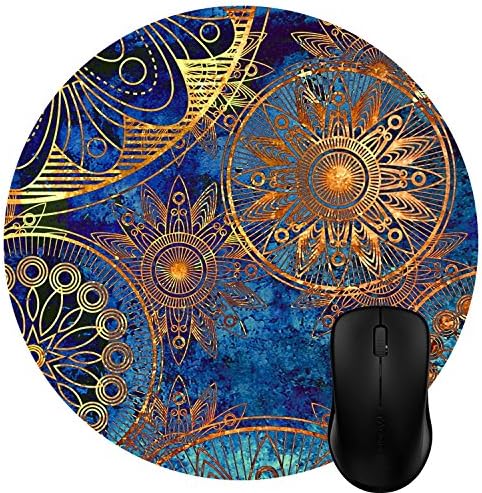 Luckcac Round Mouse Pad Customized Design, Abstract Vintage Gold and Navy Blue Mandala Art