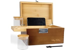 VIKING FACTORY Large Bamboo Storage Box with Combination Lock, Removable Organizer Tray & Airtight Jars | Decorative Home Office Organizer for Supplies, Keepsakes & Accessories | Elegant Gift Set (Brown)
