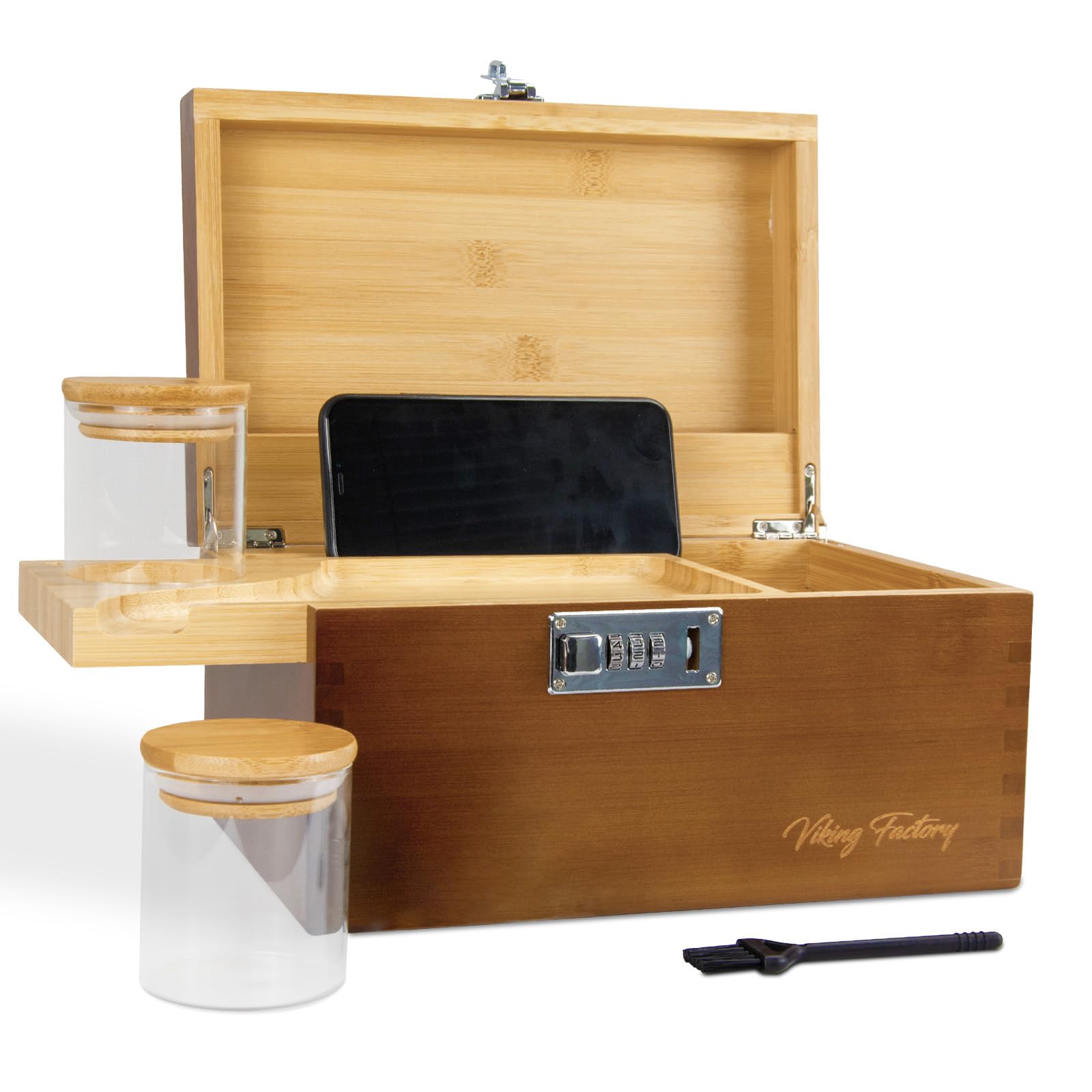 Viking Factory Bamboo Storage Box with Lock & Removable Desktop Tray - Large Decorative Wooden Keepsake Chest for Office & Home - Premium Stationery & Accessory Organizer - Brown — image 1