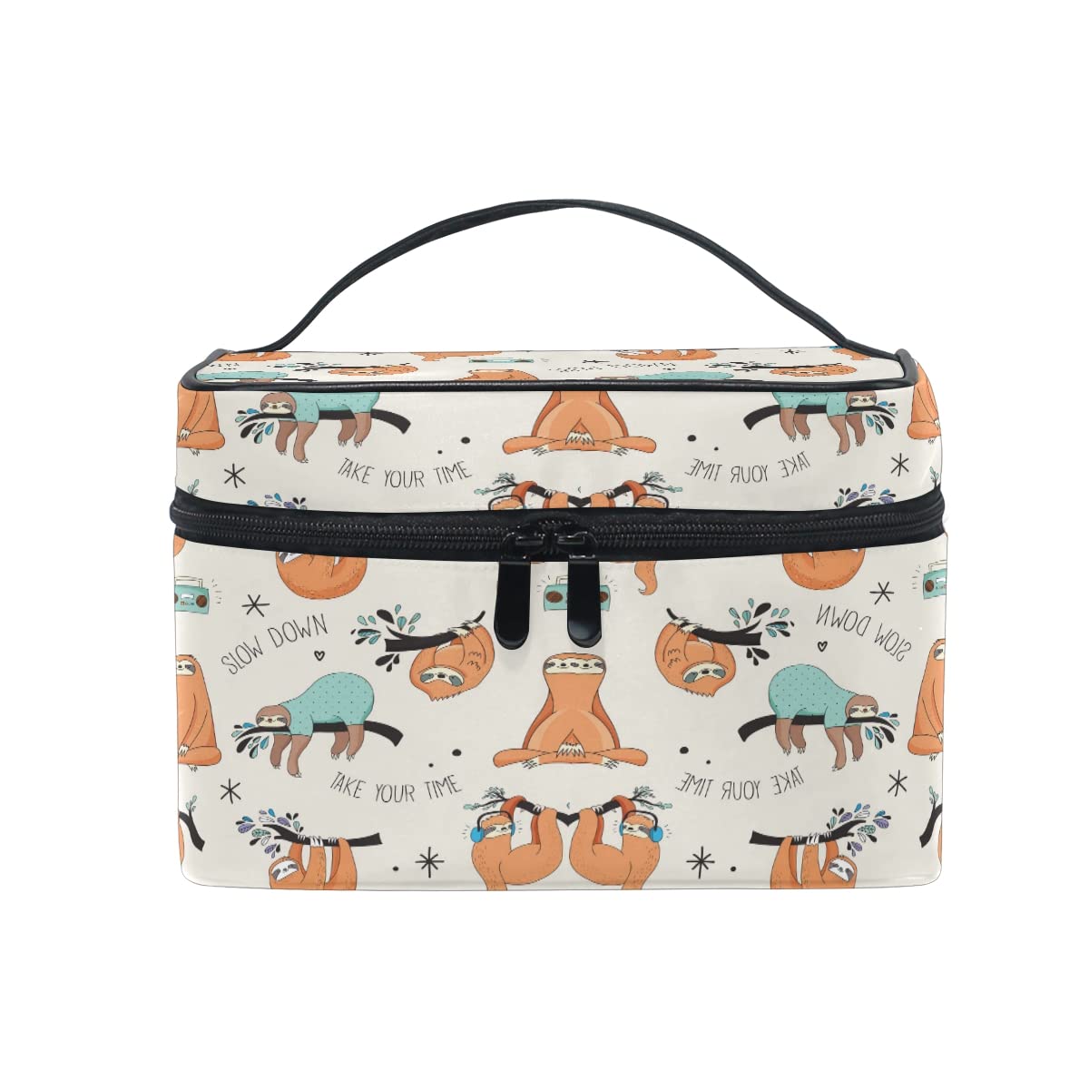 Makeup Bag, Cute Sloth Print Cosmetic Toiletry Storage Large Travel Handle Personalised Pouch with Compartments for Teenage Girl Women Lady White Black