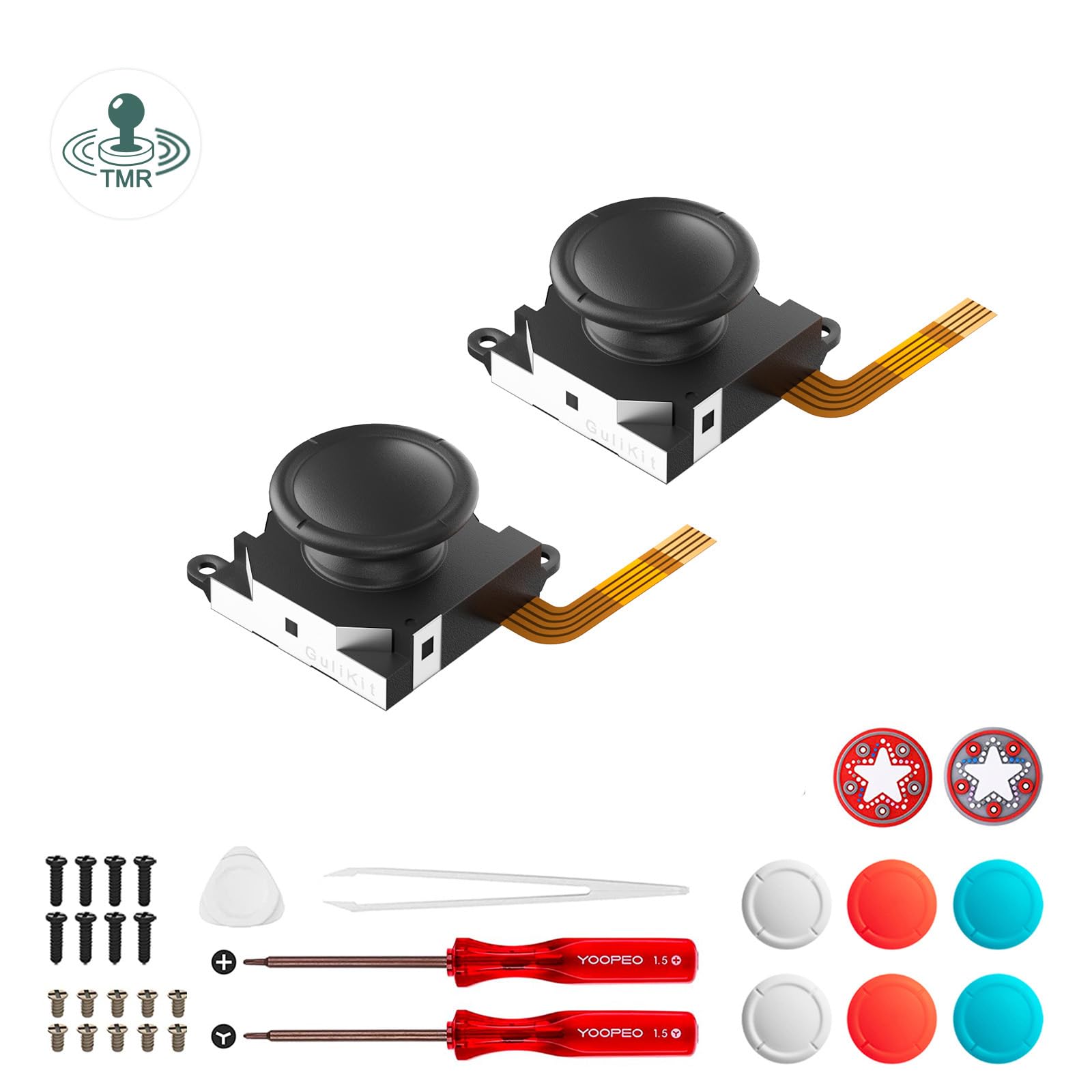 GuliKit TMR Hall Effect Joystick Compatible with Switch LCD, Switch OLED/Lite JoyCon, Anti-Drift Joystick Replacement, with Thumb Sticks Repair Kit Accessories, 4 Multiple Color Stick Caps