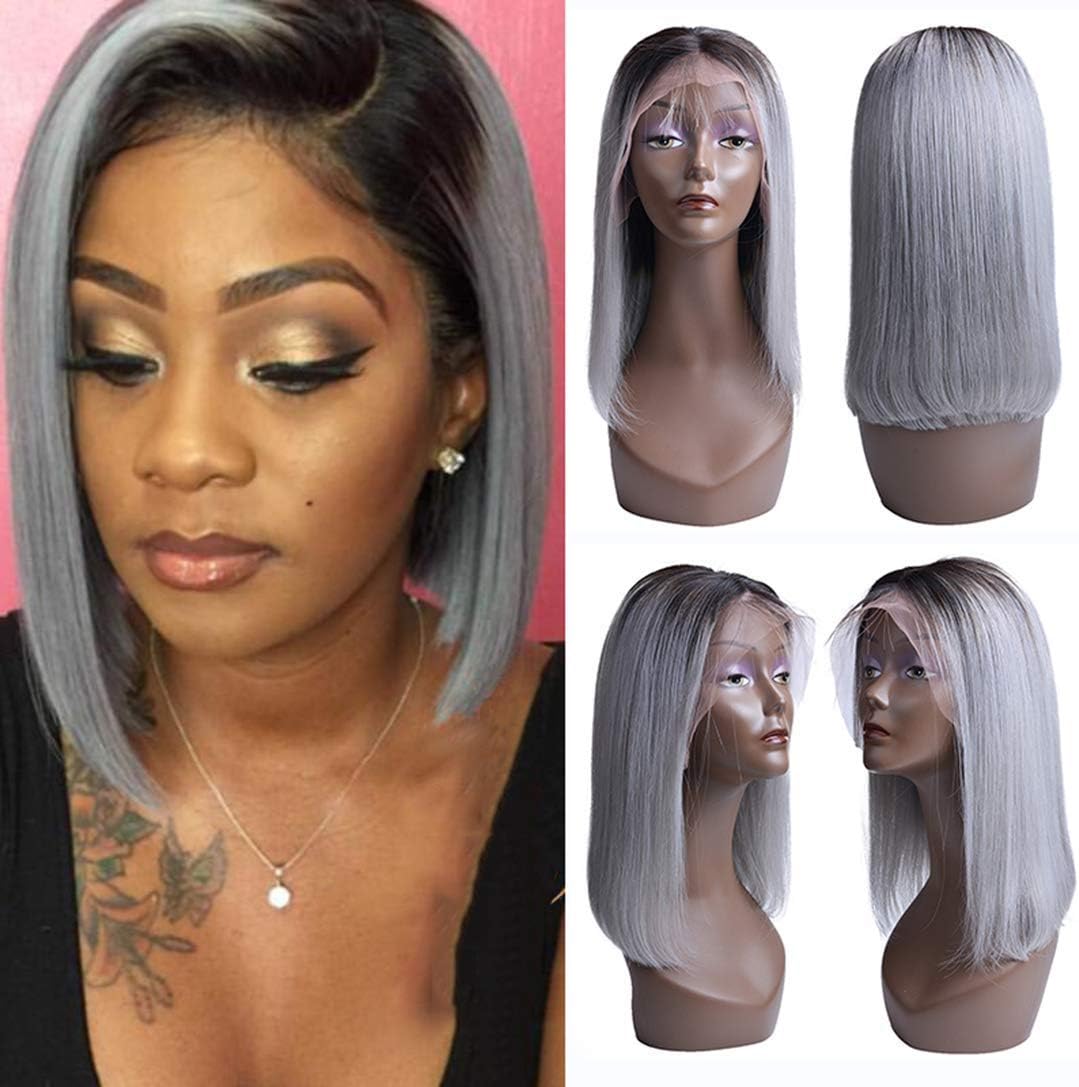 Usexy Hair 10A Grade Brazilian Virgin 13X4 Lace Front Human Hair Wig Straight Ombre Grey Wigs With Baby Hair Lace Front Wigs For Women 14 inch(Gray Lace Front Wig, 130% Density)