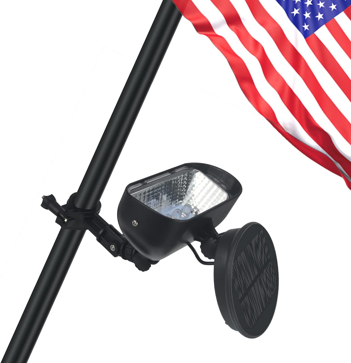 Flagpole Hardware - 2-In-1 Solar Flag Pole Light 360° Rotation House Mounted Flag Light Solar Powered Fits 1’’ to 1 ¼” in Dia Flagpole Brightest 4 LED Outdoor Waterproof Dusk to Dawn for Wall-Mount Spinning Flag Poles