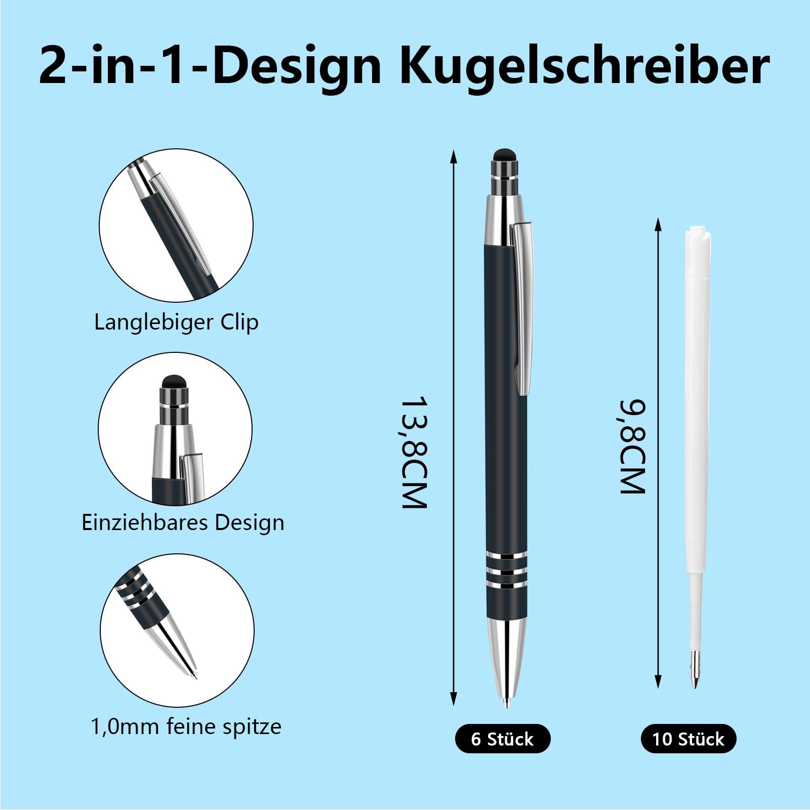 ENLACE Hochwertig Kugelschreiber Set 6 Stück Ergonomischer Kugelschreiber Metall Kulli mit Rutschfeste Griffzone, Druckkugelschreiber mit 10 Stück Kugelschreiberminen für Büro Haushalt, Schwarz 2