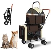 Rkrouco Foldable Double Pets Stroller for Dog Cat with Detachable Carrier | Brown Color, Portable Pet Stroller with Detachable Carrier, Flexible Lockable Wheels, Lightweight Jogger Cart for Dogs Cats