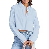 INFITTY Button Down Shirts for Women Long Sleeve Casual Crop Tops Solid Lapel Blouse Shirt with Pocket