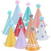 Aeaocvo 10 PCS Birthday Party Hats for Kids Adults, DIY Cone Hat with Pom Poms, Birthday Hats for Toddler Boys Girls, Paper Party Hat Fun Photo Props Baby Shower Celebration