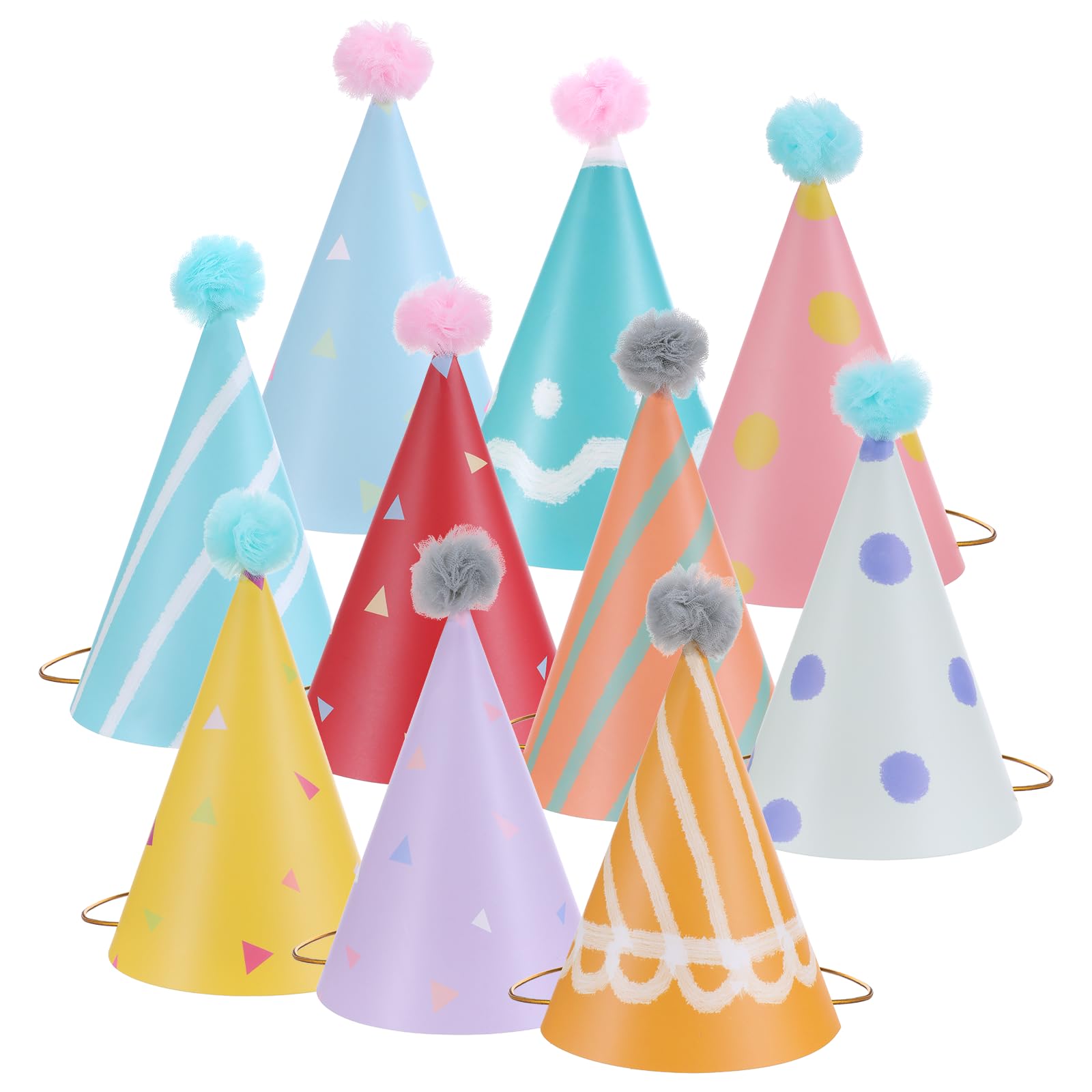 Aeaocvo 10 PCS Birthday Party Hats for Kids Adults, Colorful Cone Hat Decorations with Pom Poms for Toddler Girls Boys Baby Shower, Fun Party, Photo Props, Memorable Celebrations