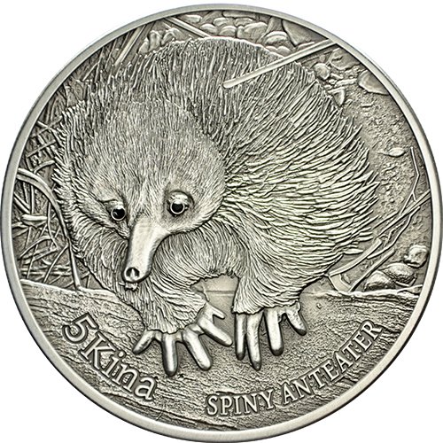 2012 PG Wonderful Wildlife Of Papua SPINY ANTEATER Wonderful Wildlife Black Diamonds Silver Coin 5 Kina Papua New Guinea 2012 Antique Finish