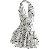 OYOANGLE Women's Polka Dots A Line Mini Halter Top Dress Backless Ruched Layered Ruffle Dresses