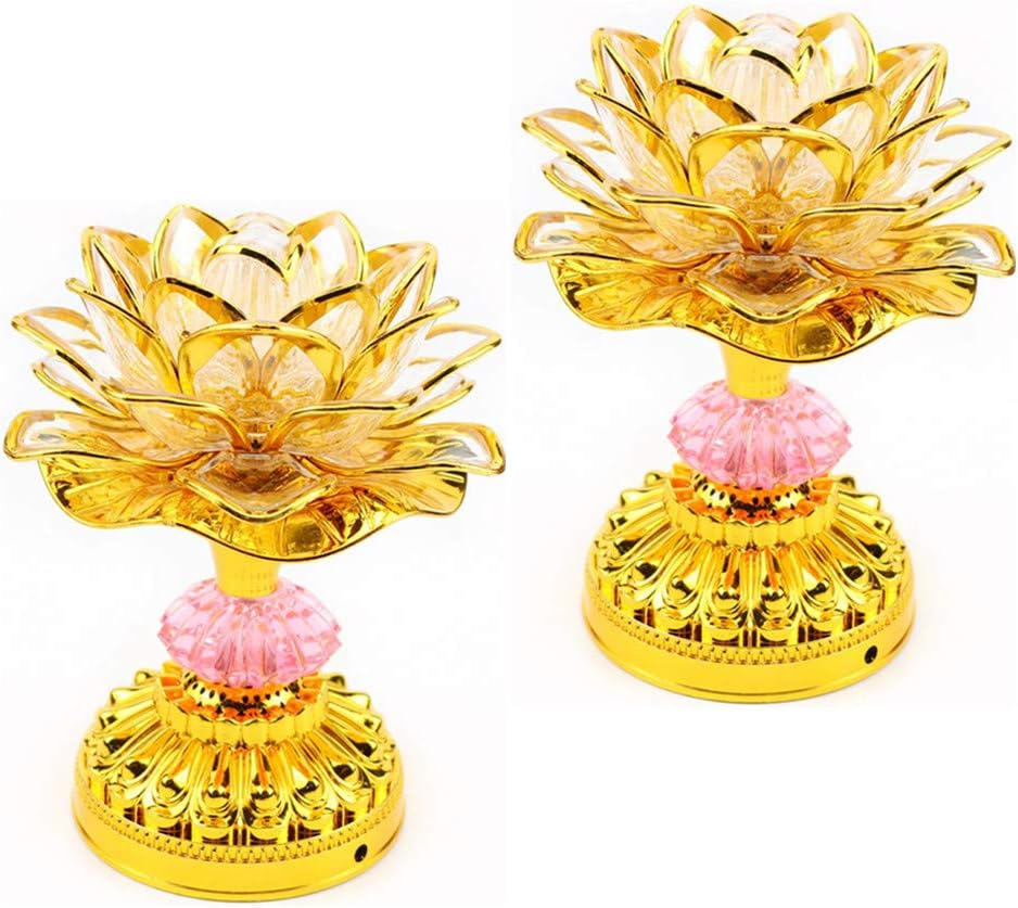 Oil Lamps & Accessories - LACGO Pack of 2 LED Lotus Buddhist Light Color-Changing Gradient Buddha Lotus Lamp Plug in or Battery-Operated Buddhist Worship Prayer Faith Supply Things(3.3''W/5.5''H, Gold)